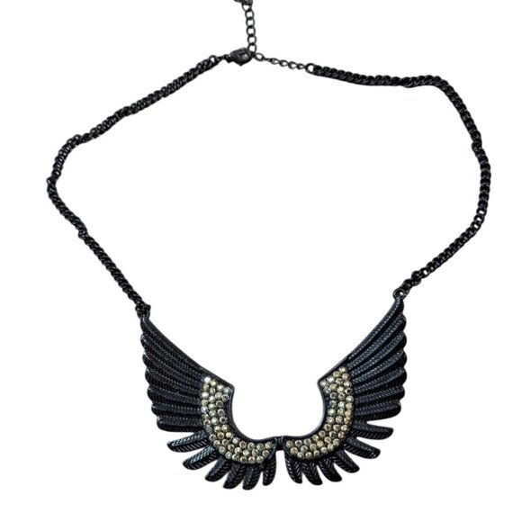 Black Gold Winged Rhinestone Statement Necklace Bold Crescent Adjustable - Picture 2 of 7